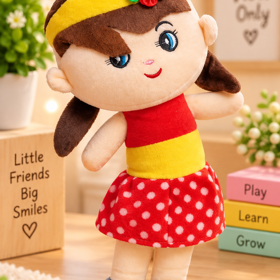 Cute Girl Soft Plush Doll – Cuddly Stuffed Toy with Embroidered Face for Kids