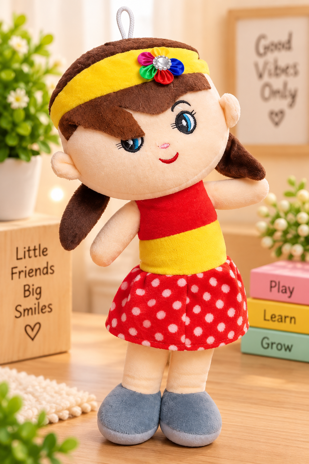 Cute Girl Soft Plush Doll – Cuddly Stuffed Toy with Embroidered Face for Kids