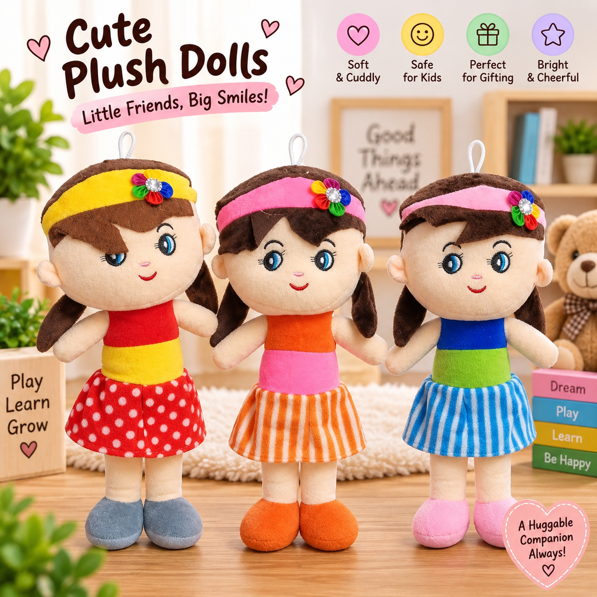 Cute Girl Soft Plush Doll – Cuddly Stuffed Toy with Embroidered Face for Kids