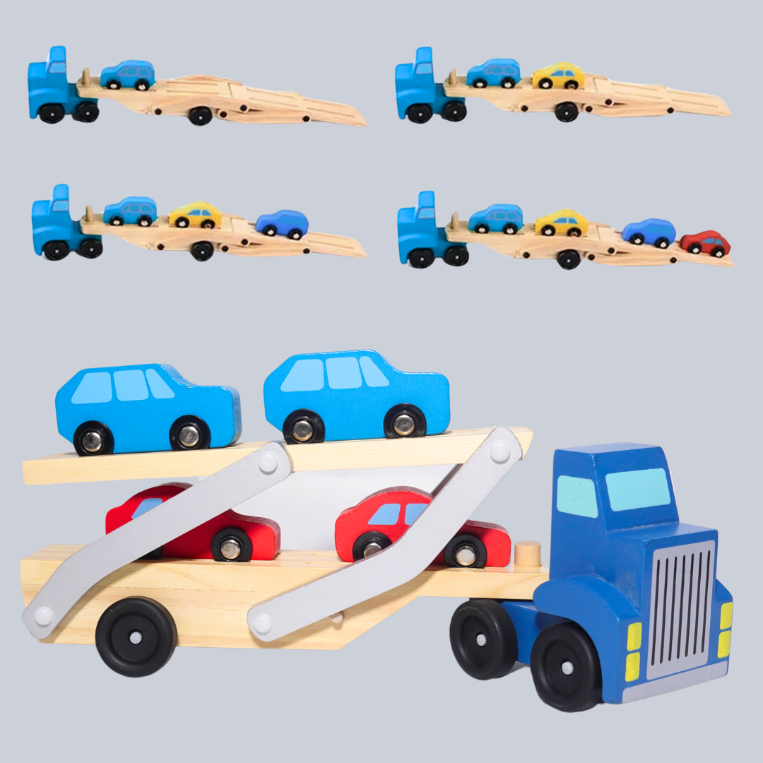 Wooden Handmade Double Decker Car Loader Toy with 4 Cars
