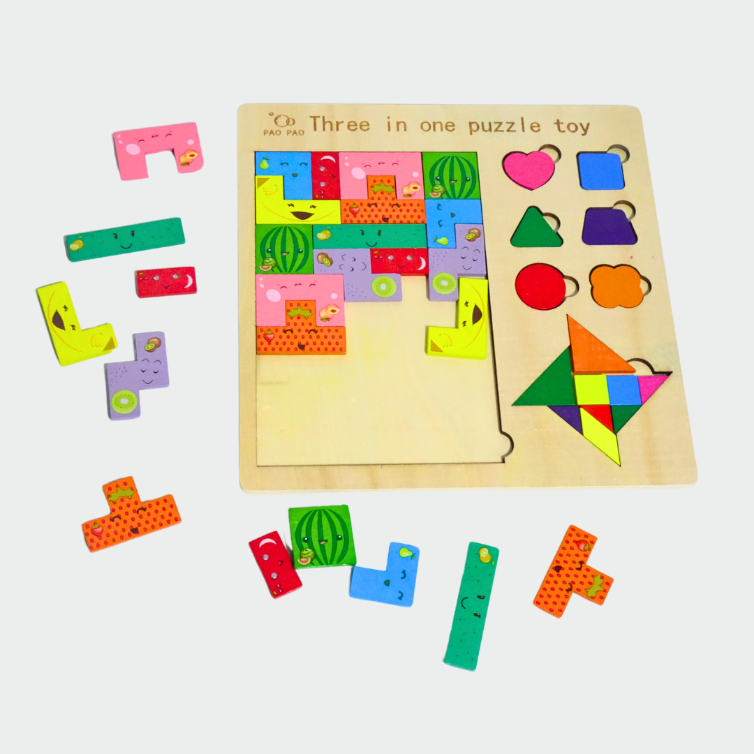 Three-in-One Puzzle with Fruits, Shapes & Puzzle Pieces – KidsBestie Learning Delight!