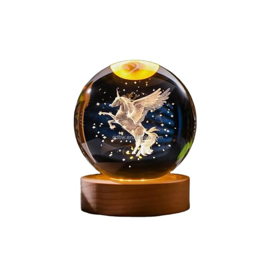 Galaxy 3D Crystal Ball Night Light with Wooden Base- Random Design