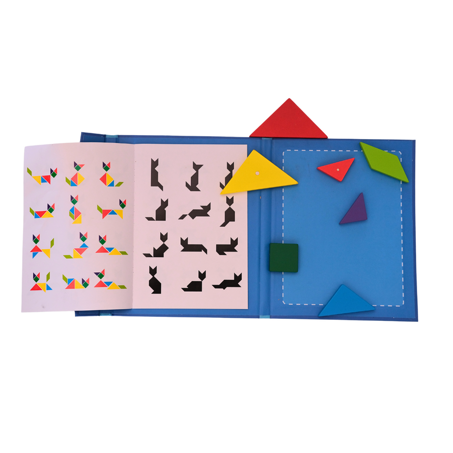 Wooden Tangram Travel Game Pack of 2 Magnetic Puzzle Book Game Tangrams Jigsaw Shapes with Solution Traveler Challenge IQ Educational Toy for 3-99 Years