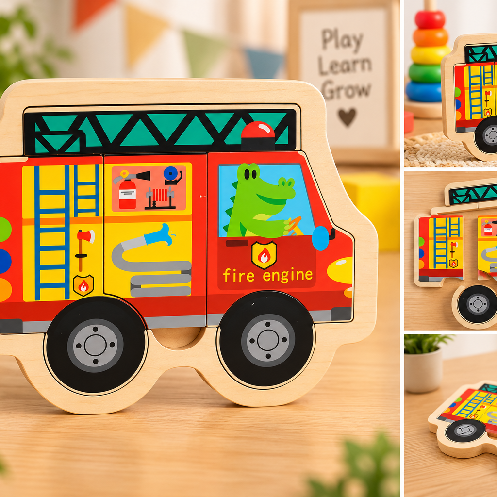 Wooden Animal, Fruit & Vehicle Jigsaw Puzzle Set for Kids – Early Learning & Matching Toys