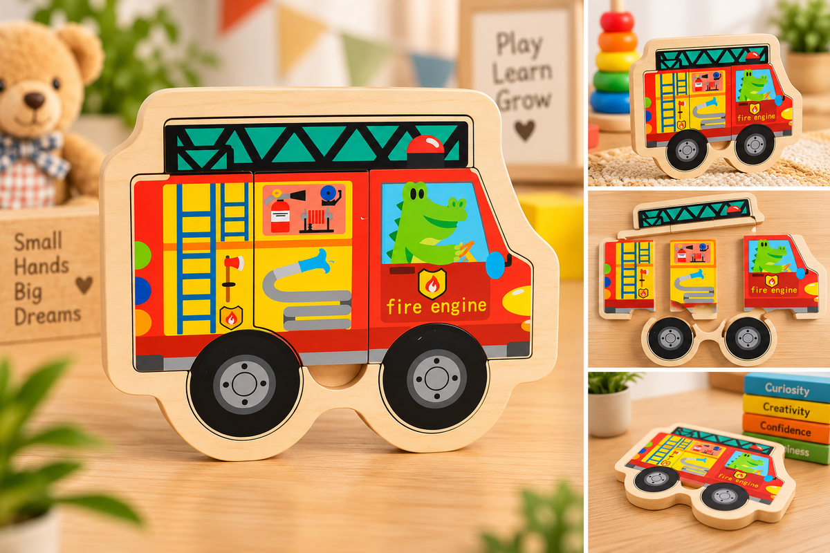 Wooden Animal, Fruit & Vehicle Jigsaw Puzzle Set for Kids – Early Learning & Matching Toys