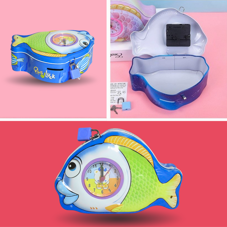 Fish Shaped Metal Money Bank with Clock (Random Colours)