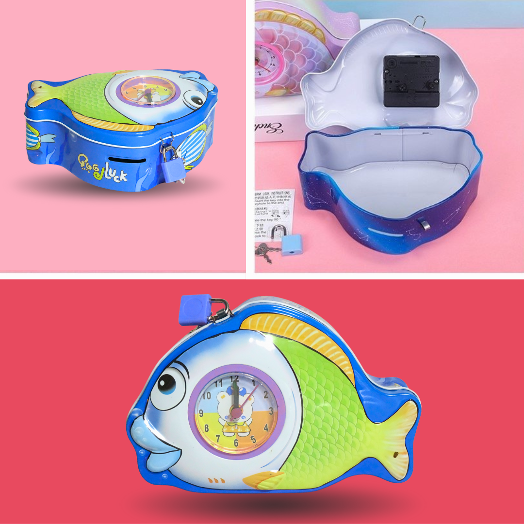 Fish Shaped Metal Money Bank with Clock (Random Colours)