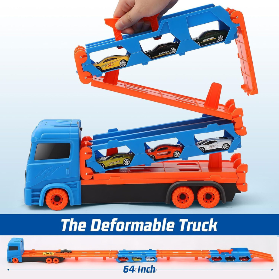 Deformable Transport Truck Toy | 2 Foldable Ejection Race Tracks | 64-inch Racing Fun for Kids