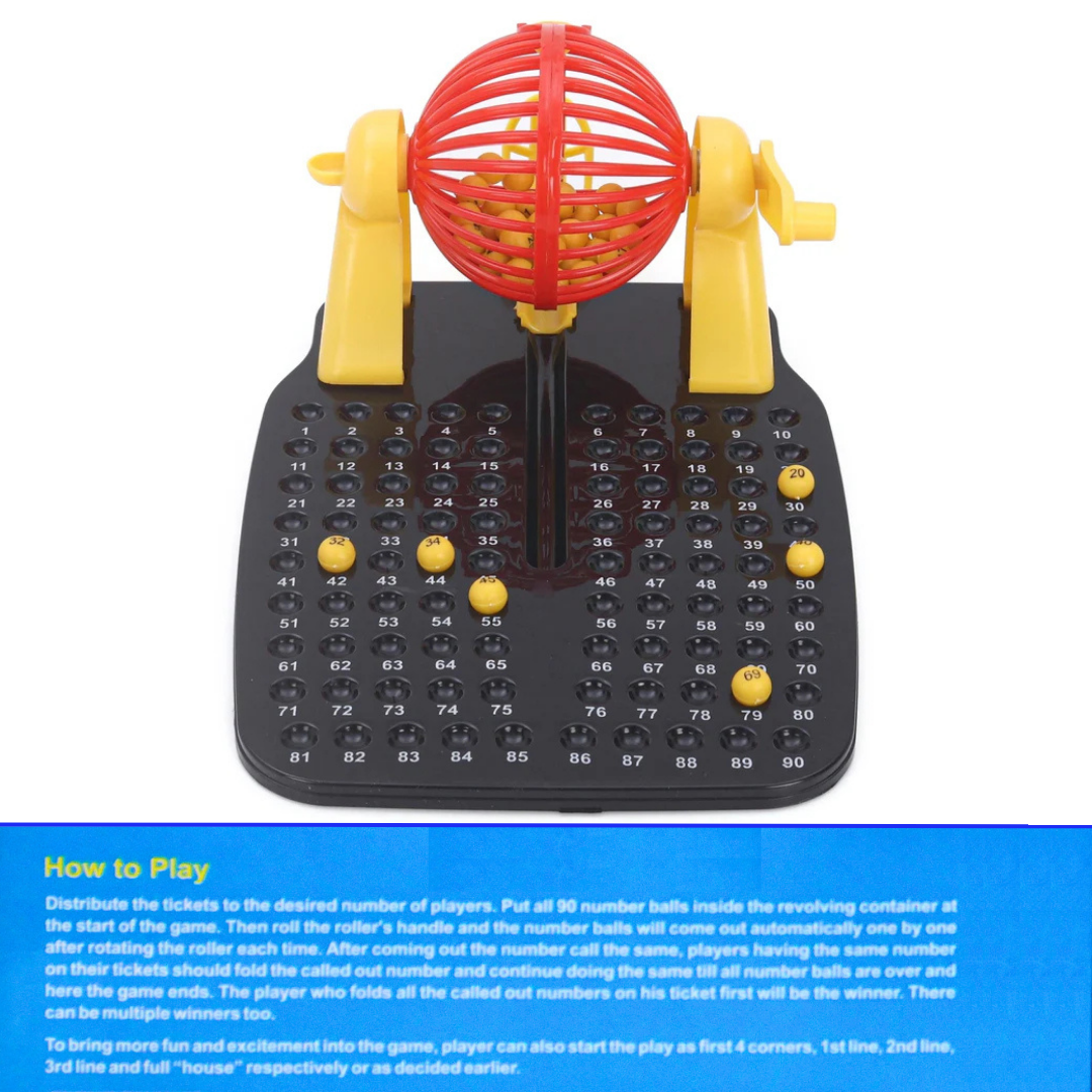 Roller Housie Game Set with 48 Reusable Cards, 90 Numbered Balls (Family/Kids Board Game)