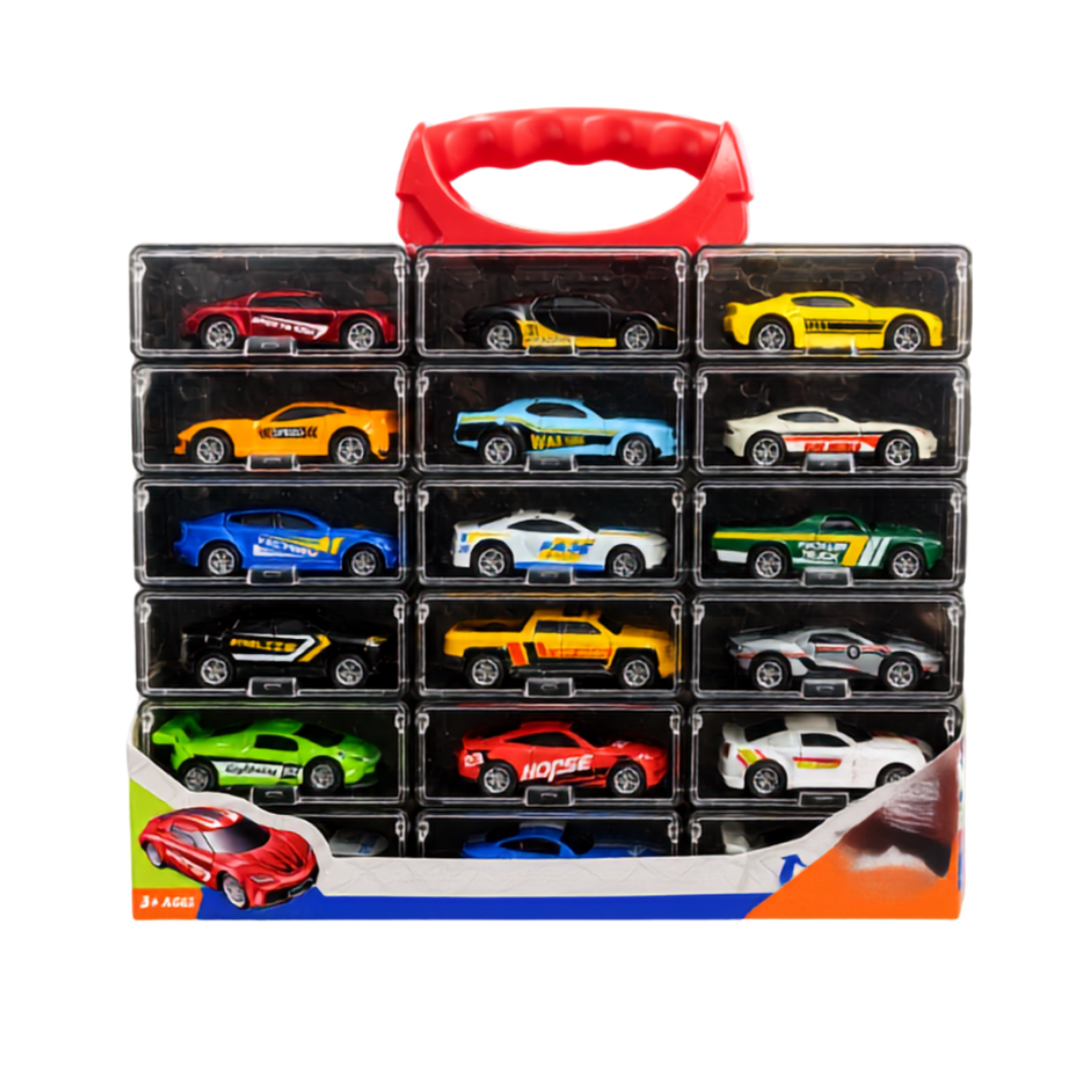 18 Pcs Die-Cast Metal Alloy Sports Car Set with Handle Crystal Case