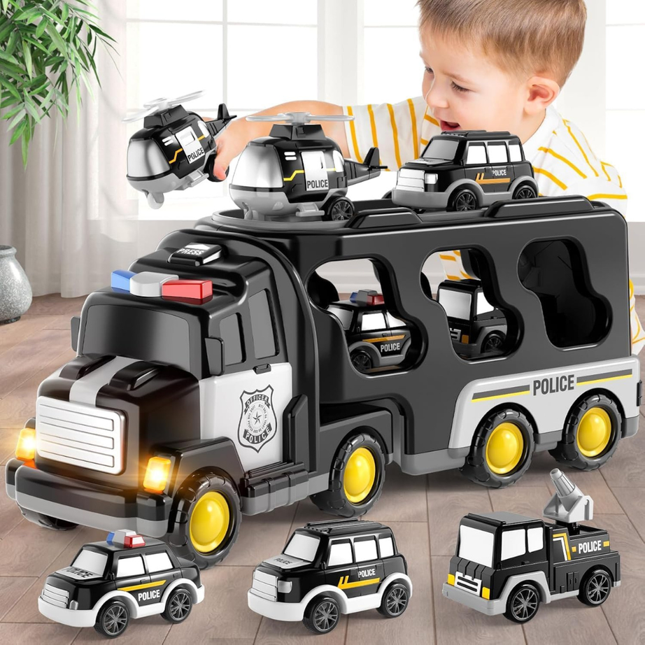 5 in 1 Double Decker Transport Truck | Carrier Truck with 4 Mini Cars Including Helicopter | Durable Vehicle Toy for Kids