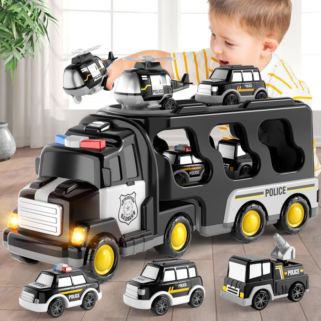 5 in 1 Double Decker Transport Truck | Carrier Truck with 4 Mini Cars Including Helicopter | Durable Vehicle Toy for Kids