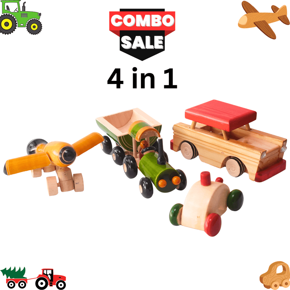 4 in 1 Wooden Aeroplane, Joker car, Tractor, SUV Car for Kids(Random colour will be send) - Kids Bestie