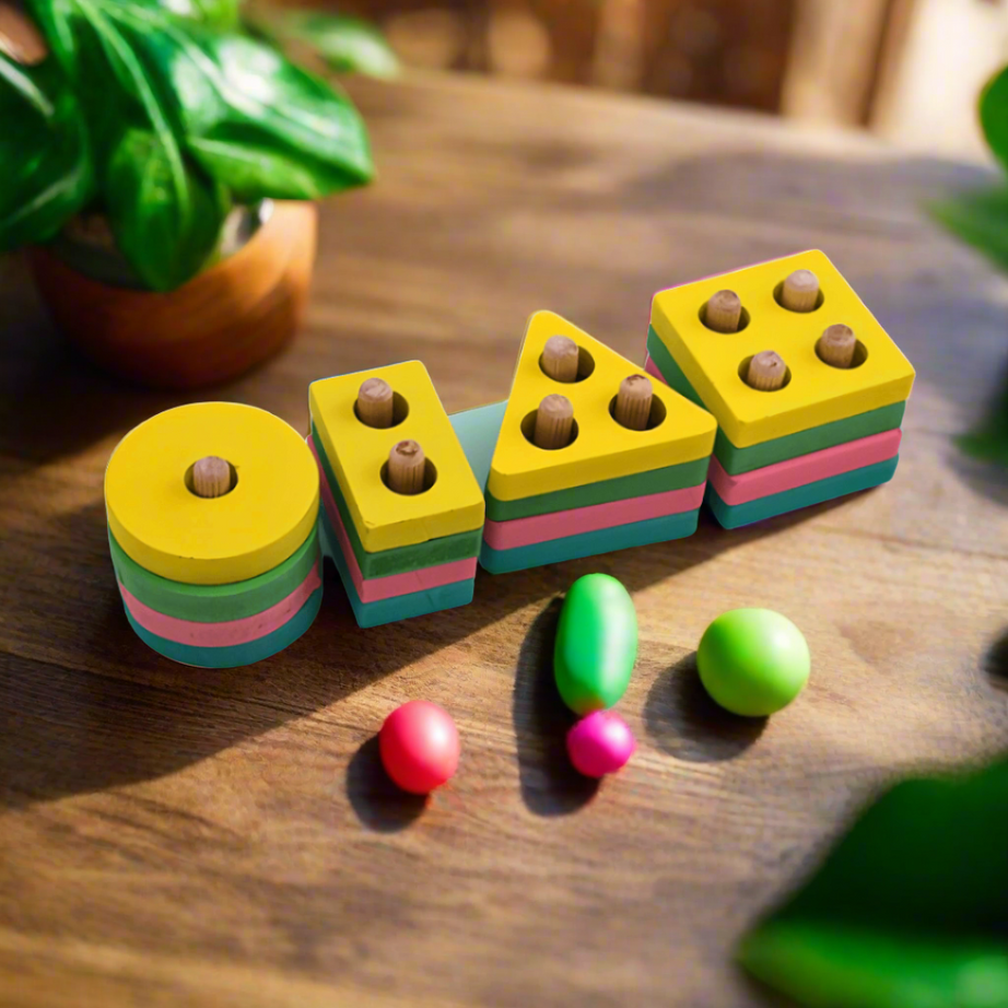 4 shapes - Wooden Colorful Shape Sorting Stacking Rings Toys for Baby - Kids Bestie