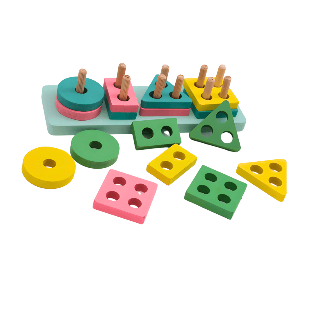 4 shapes - Wooden Colorful Shape Sorting Stacking Rings Toys for Baby - Kids Bestie