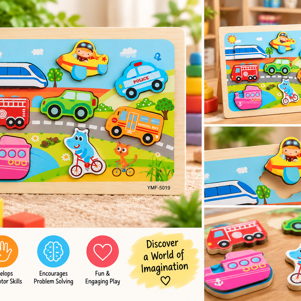 Kids Wooden Transportation Vehicle Puzzle – Colorful Educational Learning & Matching Toy