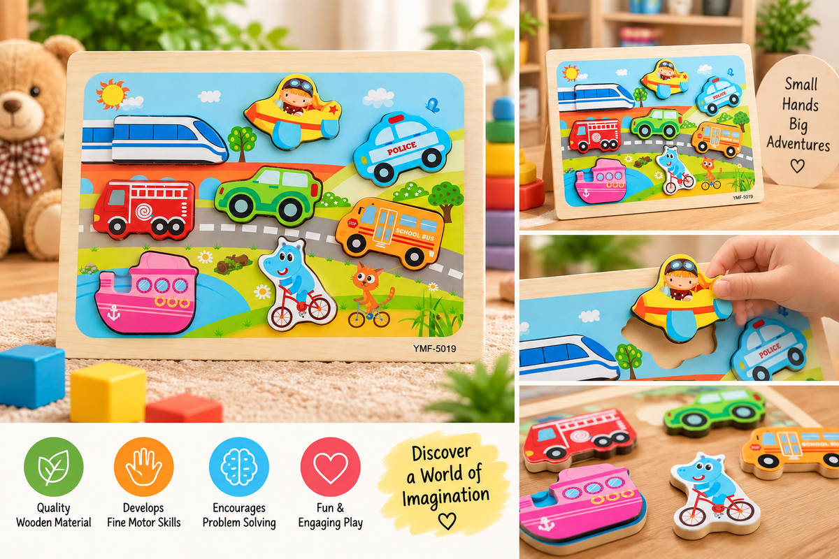 Kids Wooden Transportation Vehicle Puzzle – Colorful Educational Learning & Matching Toy