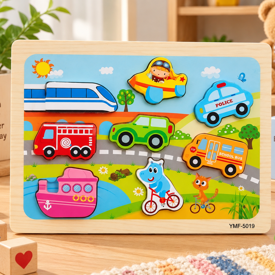 Kids Wooden Transportation Vehicle Puzzle – Colorful Educational Learning & Matching Toy
