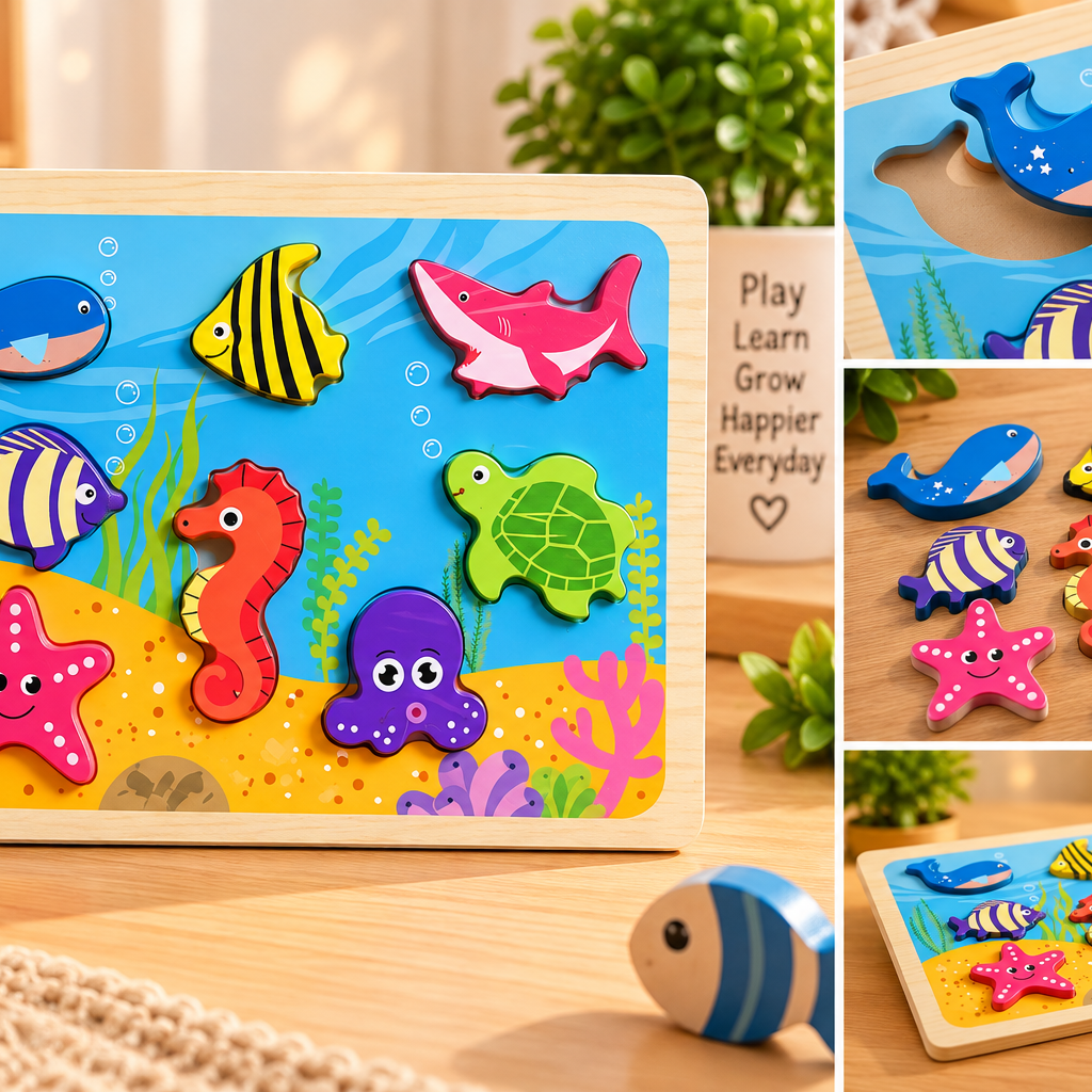Underwater Sea Animals Wooden Chunky Puzzle for Kids – Ocean Life Early Learning Educational Puzzle Toy