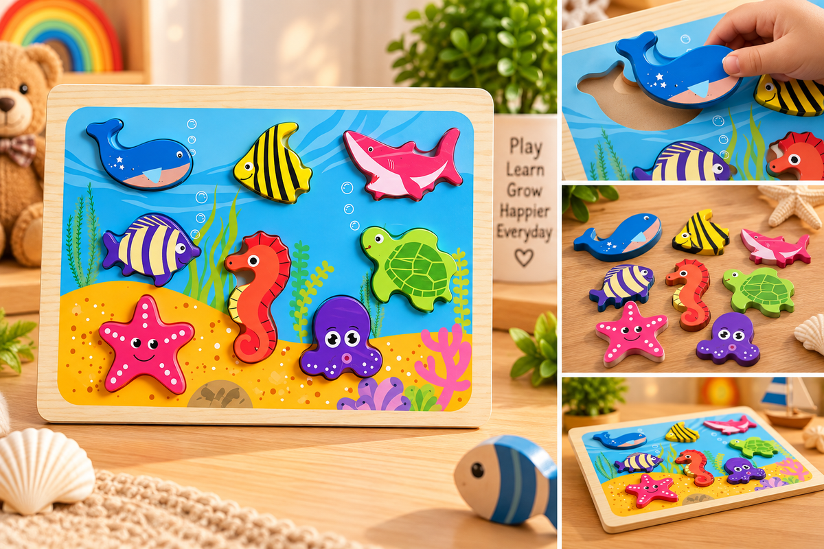 Underwater Sea Animals Wooden Chunky Puzzle for Kids – Ocean Life Early Learning Educational Puzzle Toy