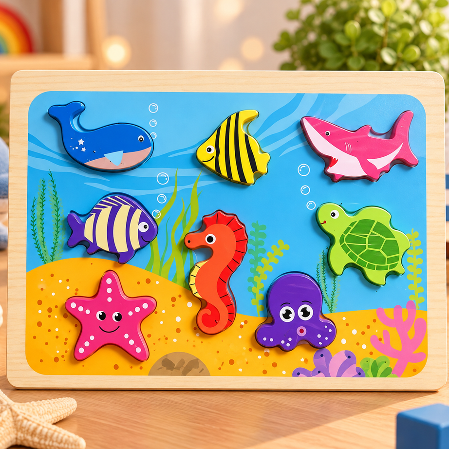 Underwater Sea Animals Wooden Chunky Puzzle for Kids – Ocean Life Early Learning Educational Puzzle Toy