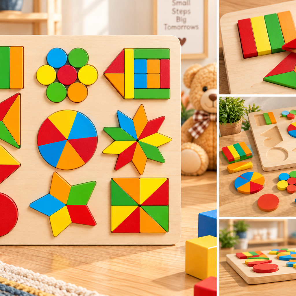 Colorful Wooden Geometric Shape Puzzle & Pattern Building Board for Kids – Early Learning Montessori Educational Toy