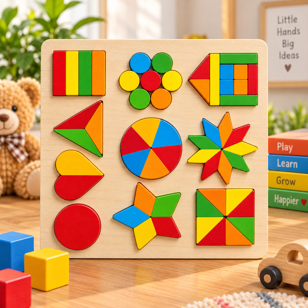 Colorful Wooden Geometric Shape Puzzle & Pattern Building Board for Kids – Early Learning Montessori Educational Toy