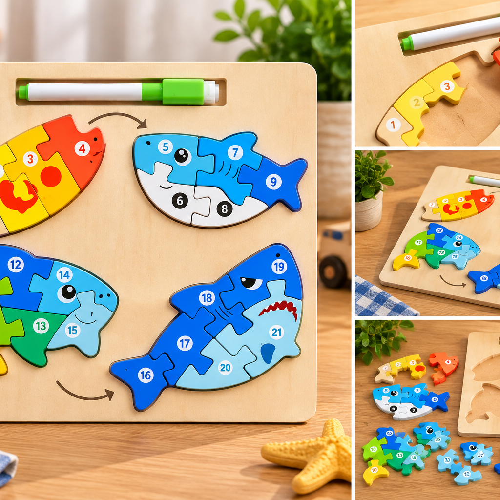 Wooden Numbered Fish Puzzle Set with 21 Pieces & Pen – Educational Jigsaw Learning Toy for Kids