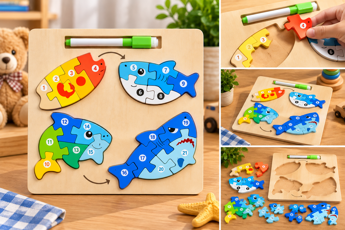 Wooden Numbered Fish Puzzle Set with 21 Pieces & Pen – Educational Jigsaw Learning Toy for Kids