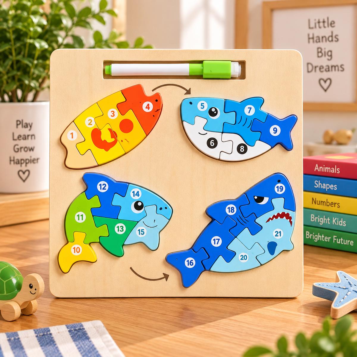 Wooden Numbered Fish Puzzle Set with 21 Pieces & Pen – Educational Jigsaw Learning Toy for Kids
