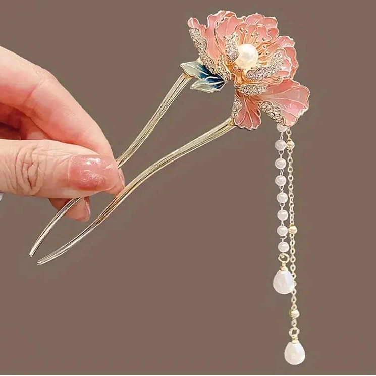 Korean Elegant Floral Pearl Hair Pin with Dangling Tassels | Gold Finish Decorative Hair Accessory
