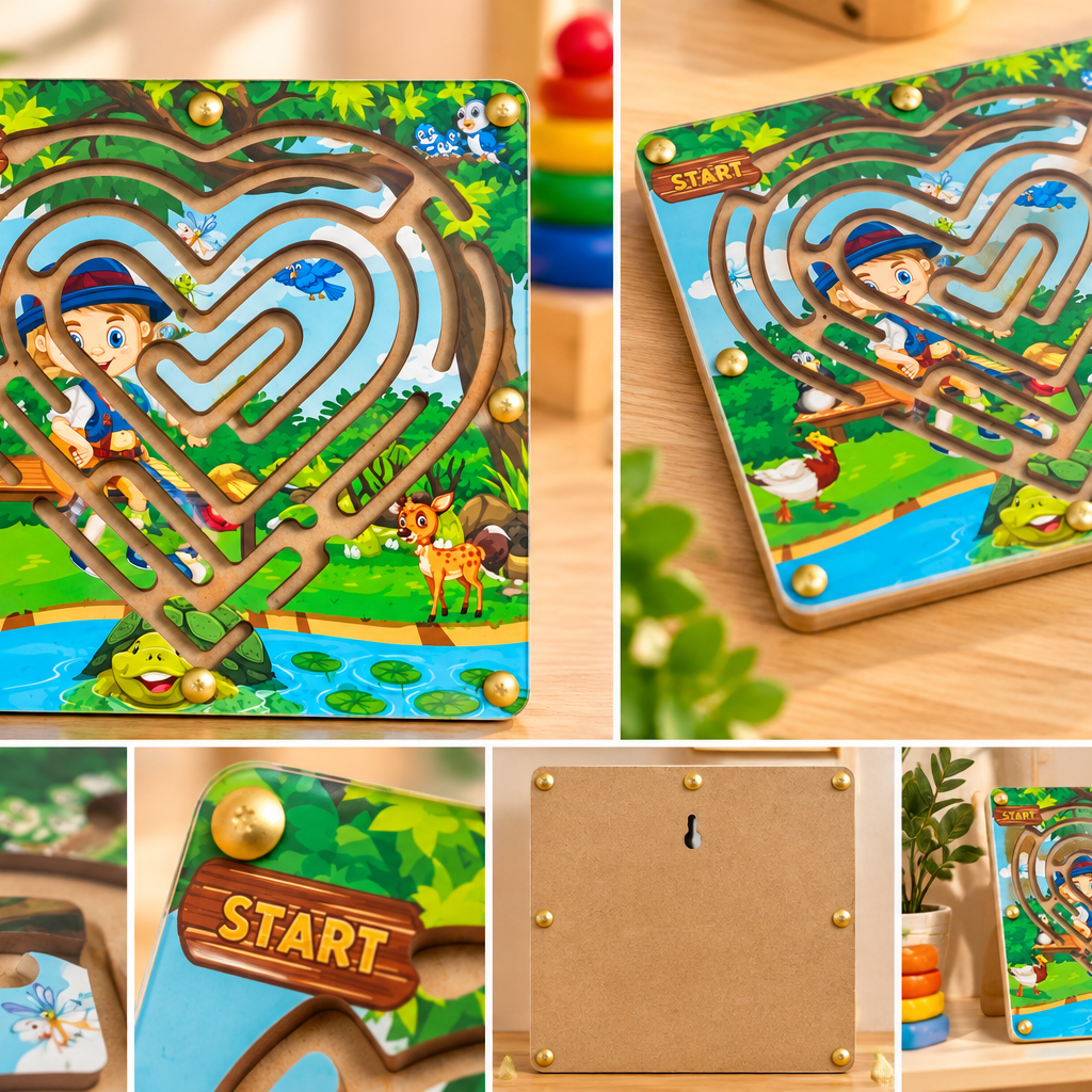 Wooden Magnetic Maze Puzzle Board for Kids – Heart-Shaped Forest Adventure Fine Motor Skill Game