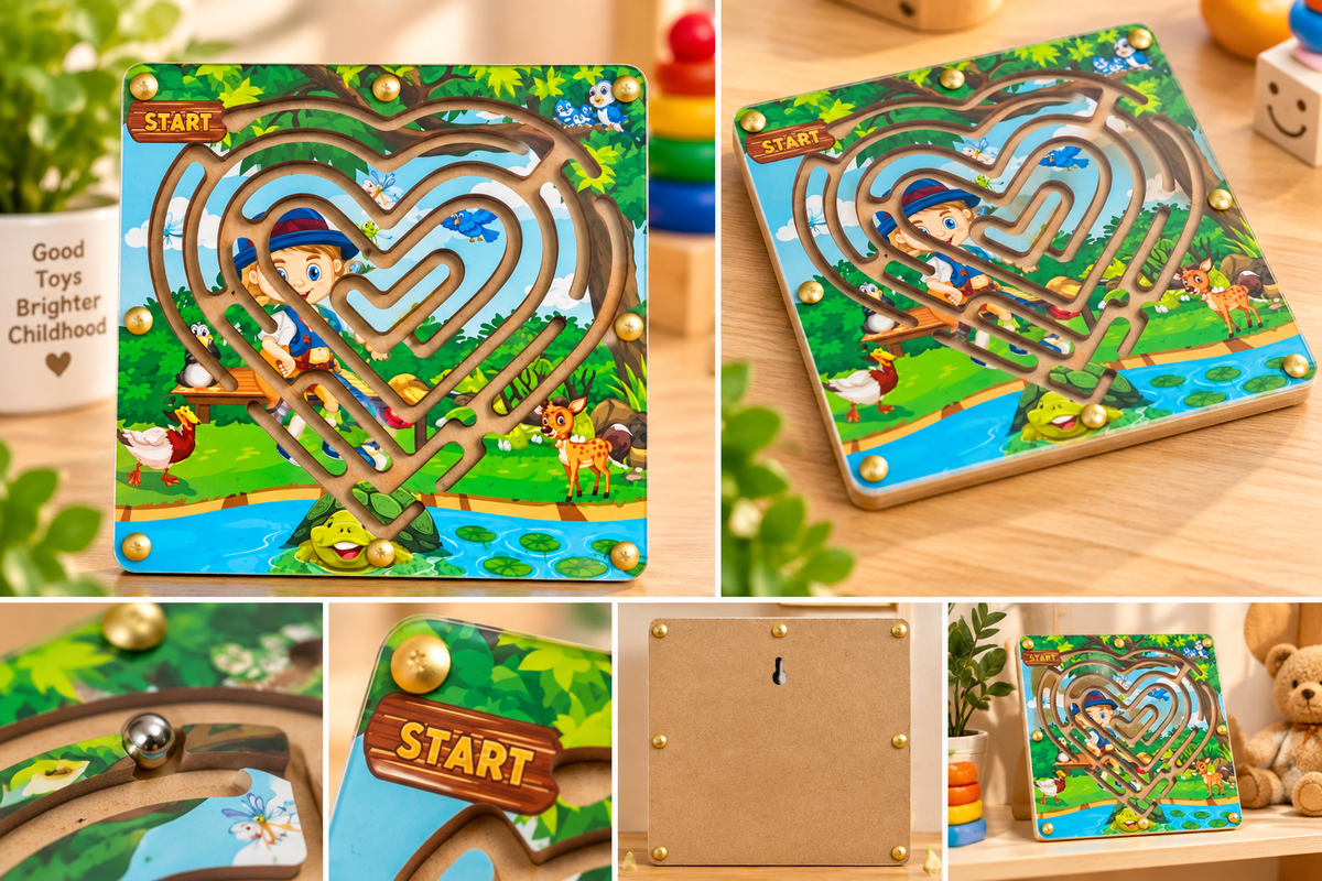 Wooden Magnetic Maze Puzzle Board for Kids – Heart-Shaped Forest Adventure Fine Motor Skill Game