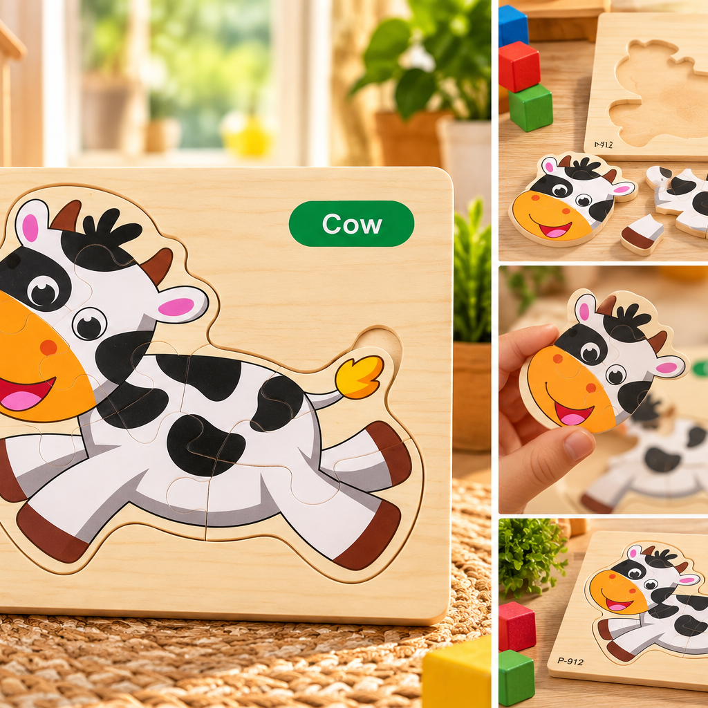 Kids Wooden Cow Jigsaw Puzzle – Educational Animal Learning Puzzle for Toddlers & Kids