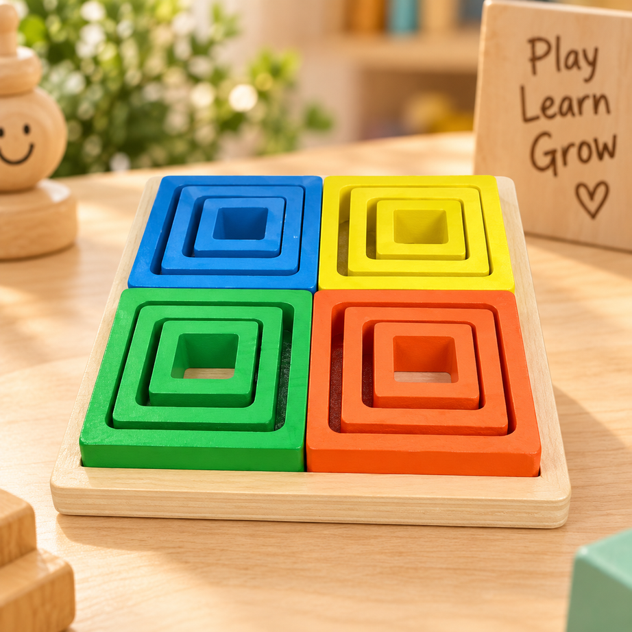 4-in-1 Wooden Nested Square Puzzle & Stacking Board – Colour Sorting Educational Toy for Kids