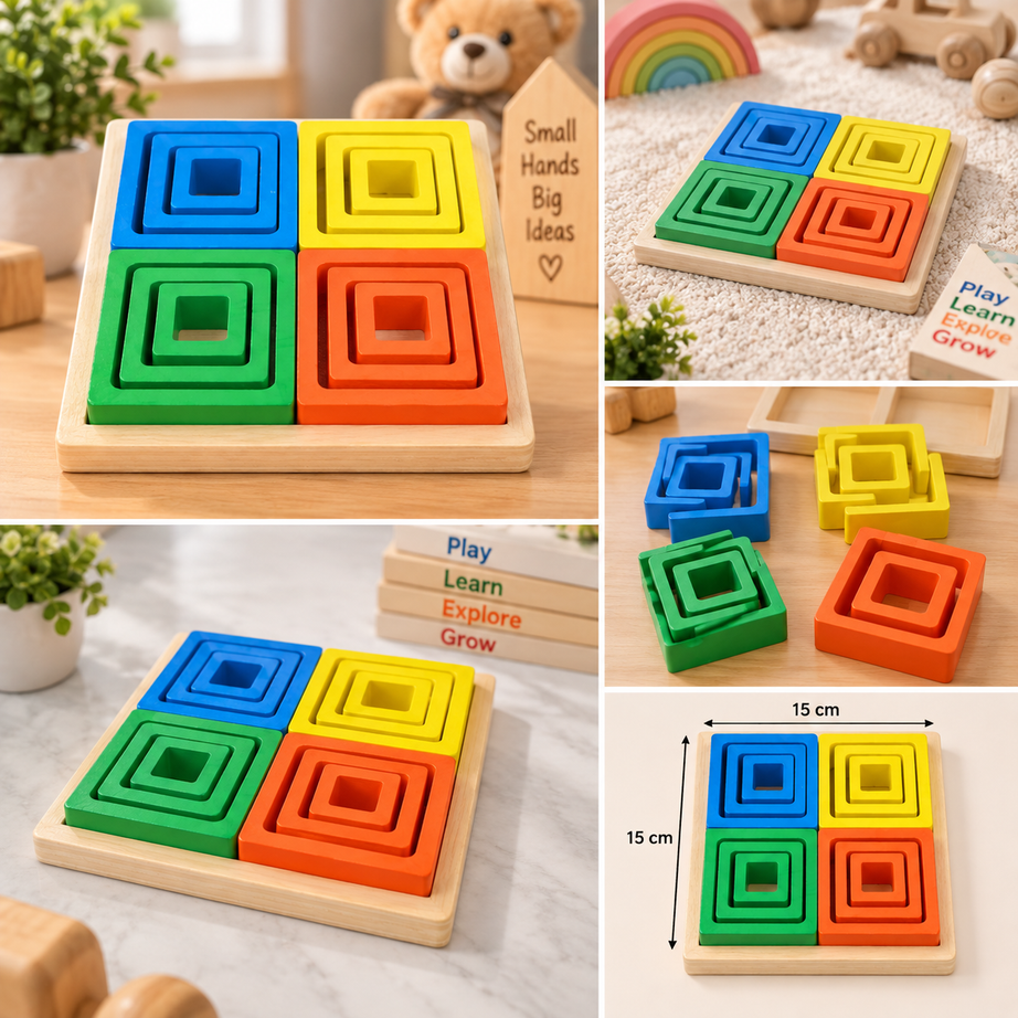 4-in-1 Wooden Nested Square Puzzle & Stacking Board – Colour Sorting Educational Toy for Kids