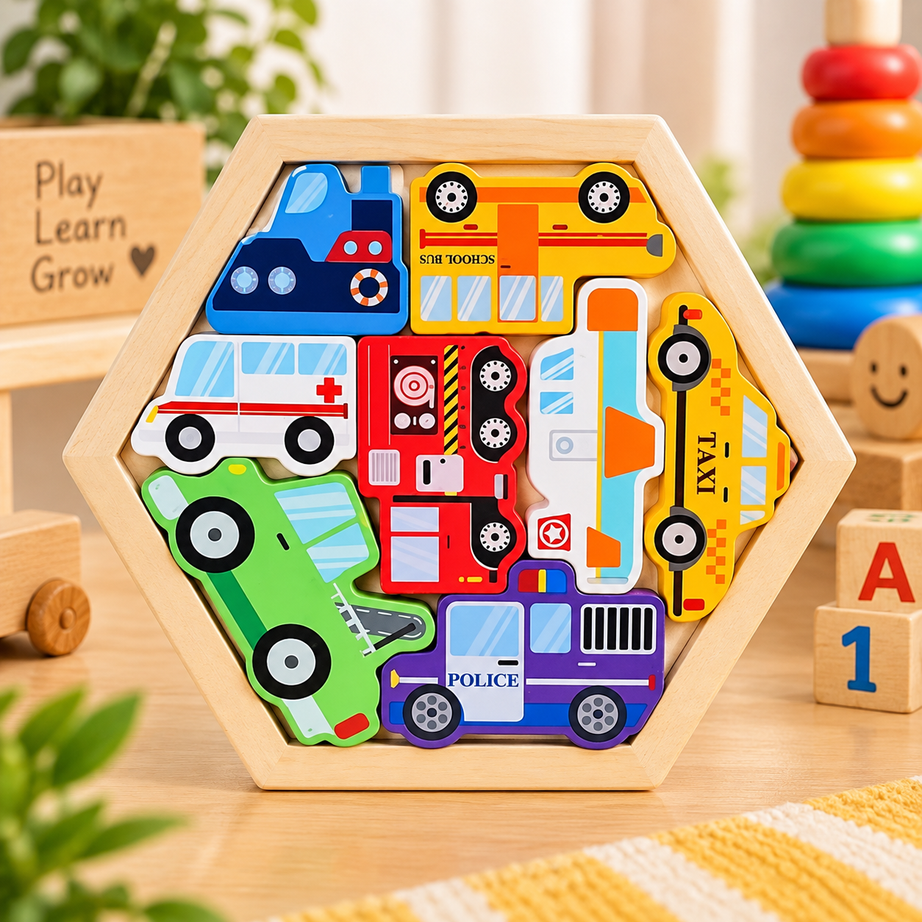 Wooden Vehicles Jigsaw Puzzle for Kids – Colourful Transport Learning & Matching Puzzle – Educational Montessori Toy