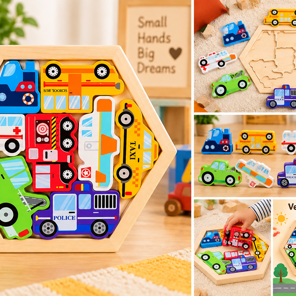 Wooden Vehicles Jigsaw Puzzle for Kids – Colourful Transport Learning & Matching Puzzle – Educational Montessori Toy