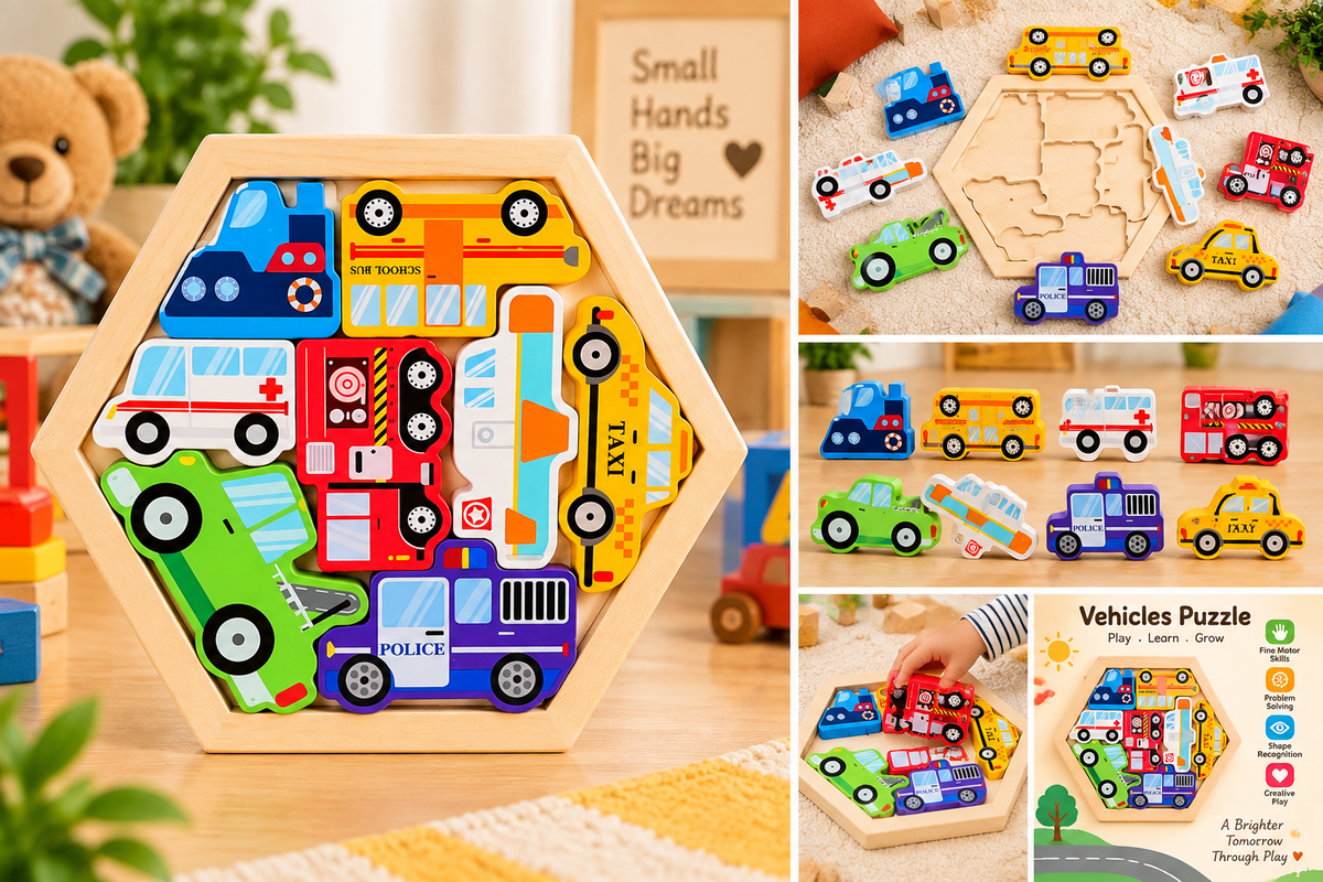 Wooden Vehicles Jigsaw Puzzle for Kids – Colourful Transport Learning & Matching Puzzle – Educational Montessori Toy