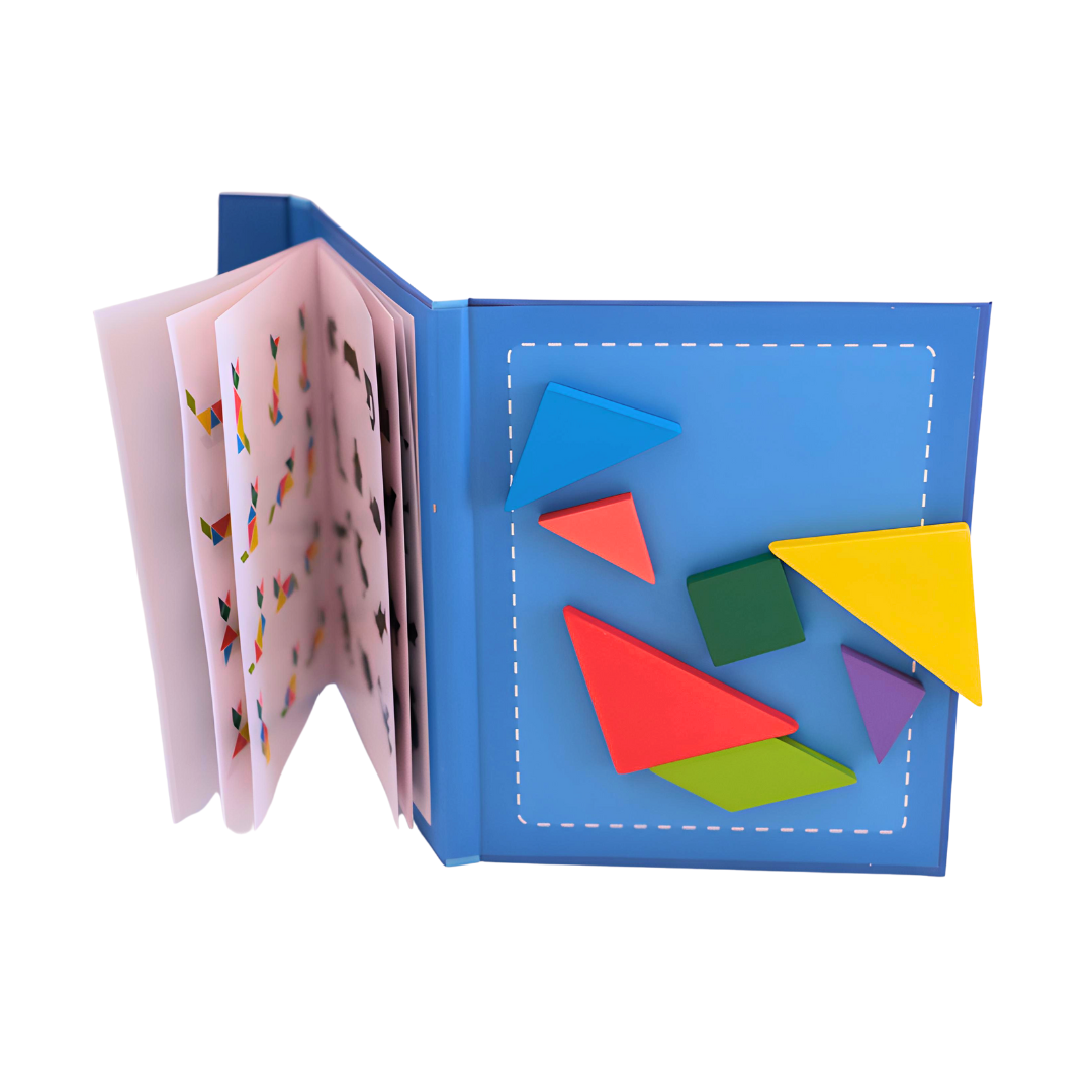 Wooden Tangram Travel Game Pack of 2 Magnetic Puzzle Book Game Tangrams Jigsaw Shapes with Solution Traveler Challenge IQ Educational Toy for 3-99 Years