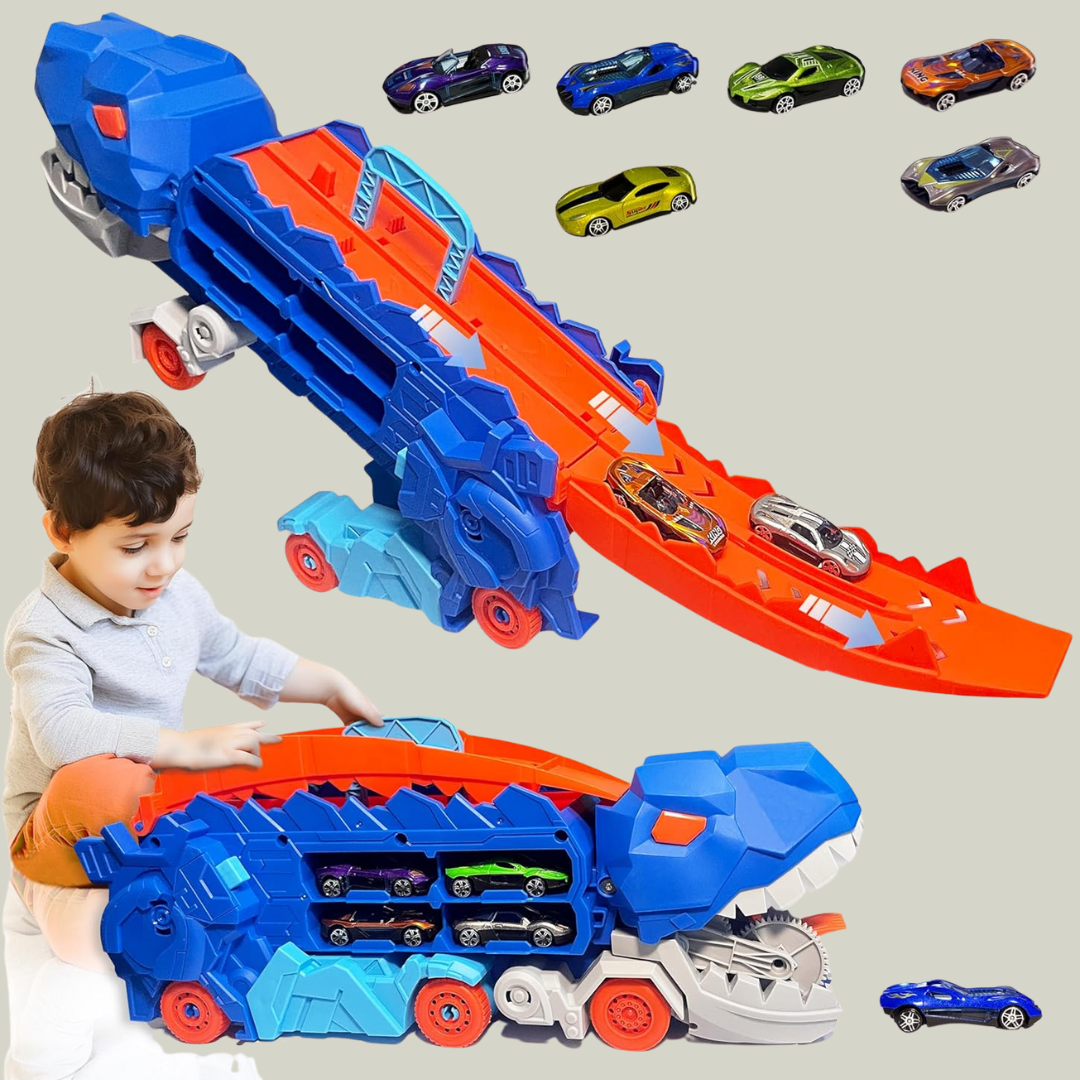 2-in-1 Foldable Dinosaur Eating Cars | Transforming Dino Truck Toy with Launcher & Storage | Action Toy for Kids