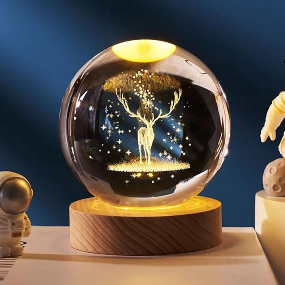 Galaxy 3D Crystal Ball Night Light with Wooden Base- Random Design