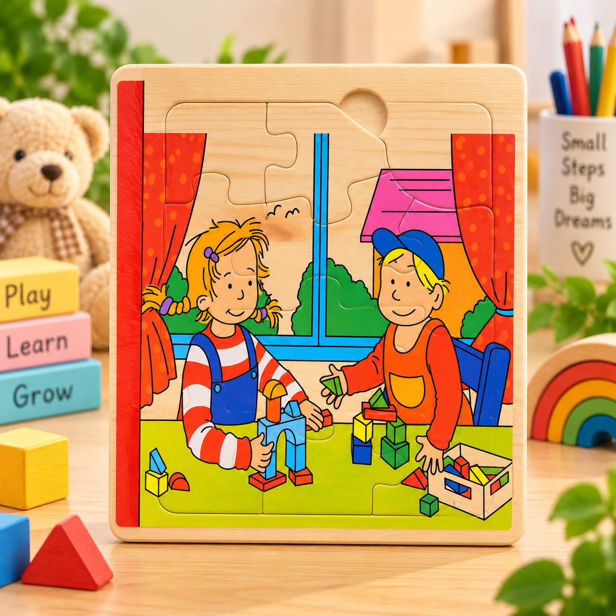 Kids Wooden Picture Jigsaw Puzzle – Children Playing with Building Blocks Educational Learning Puzzle