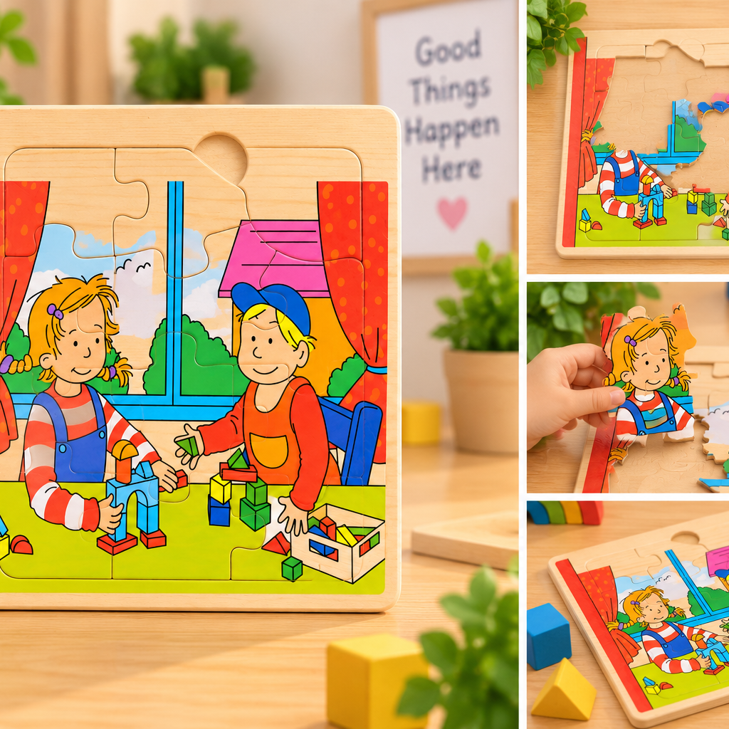 Kids Wooden Picture Jigsaw Puzzle – Children Playing with Building Blocks Educational Learning Puzzle