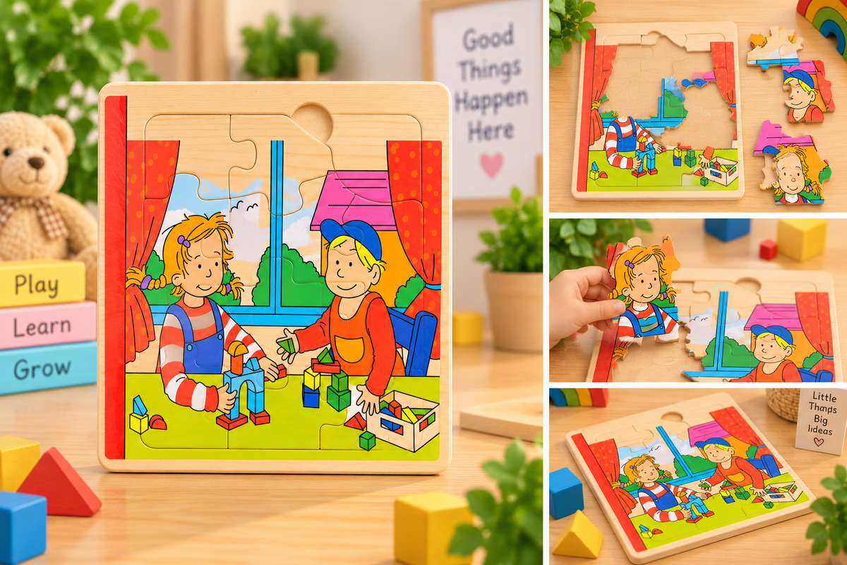 Kids Wooden Picture Jigsaw Puzzle – Children Playing with Building Blocks Educational Learning Puzzle