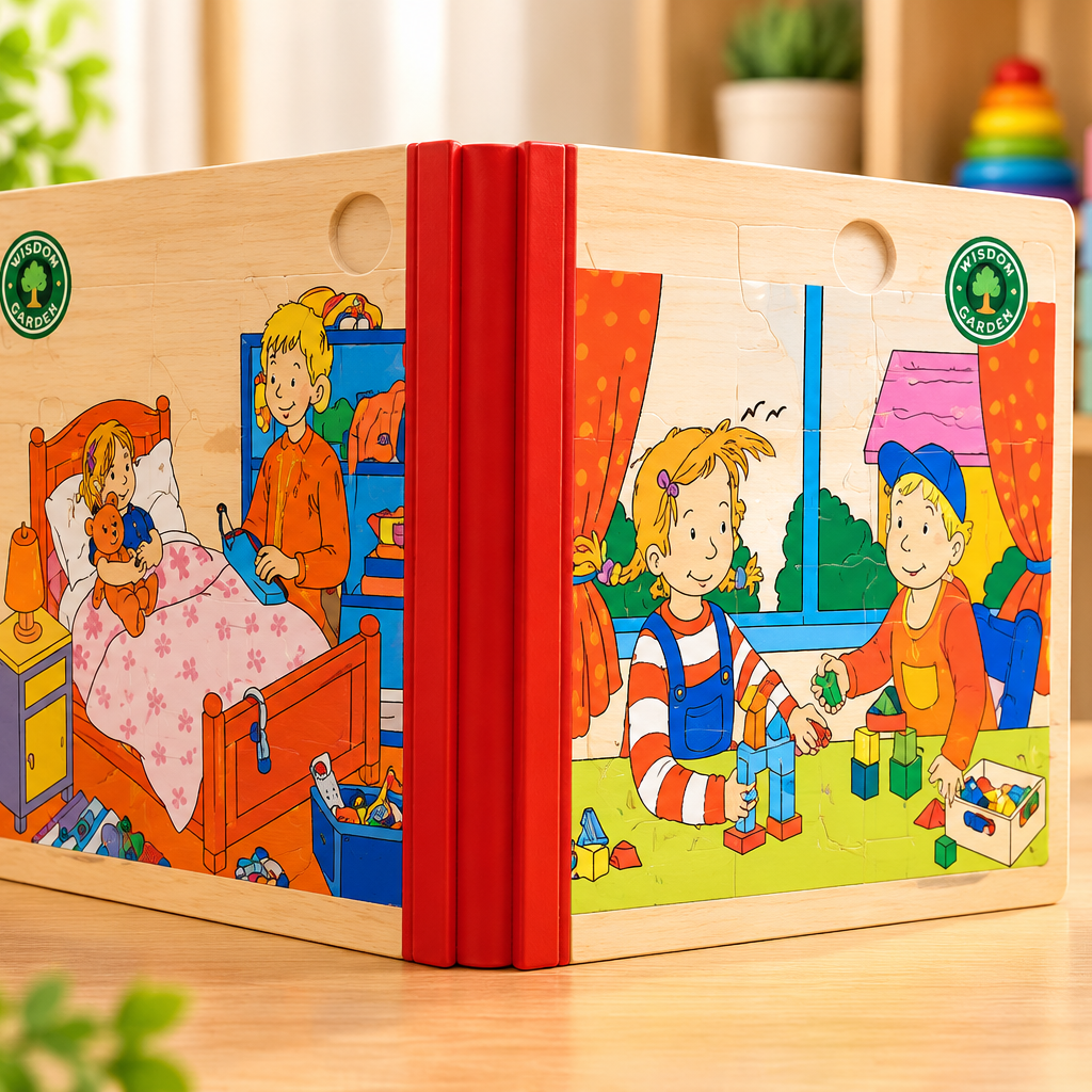 Kids Wooden Picture Jigsaw Puzzle – Children Playing with Building Blocks Educational Learning Puzzle