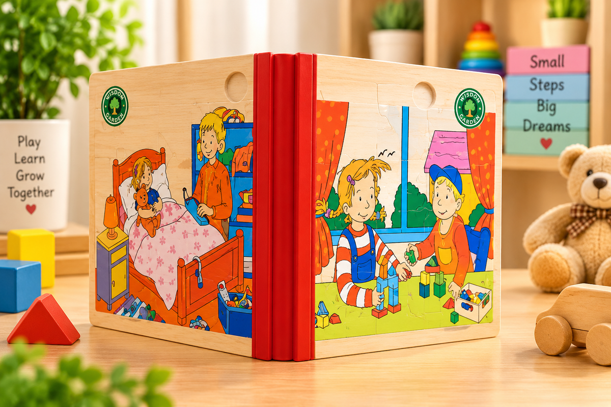 Kids Wooden Picture Jigsaw Puzzle – Children Playing with Building Blocks Educational Learning Puzzle