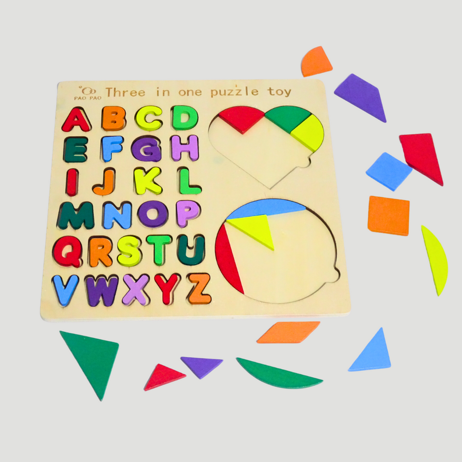 Three-in-One Puzzle with Alphabets, Shapes & Puzzle Pieces – KidsBestie Educational Essential!