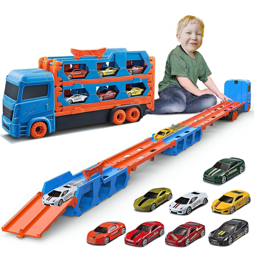 Deformable Transport Truck Toy | 2 Foldable Ejection Race Tracks | 64-inch Racing Fun for Kids