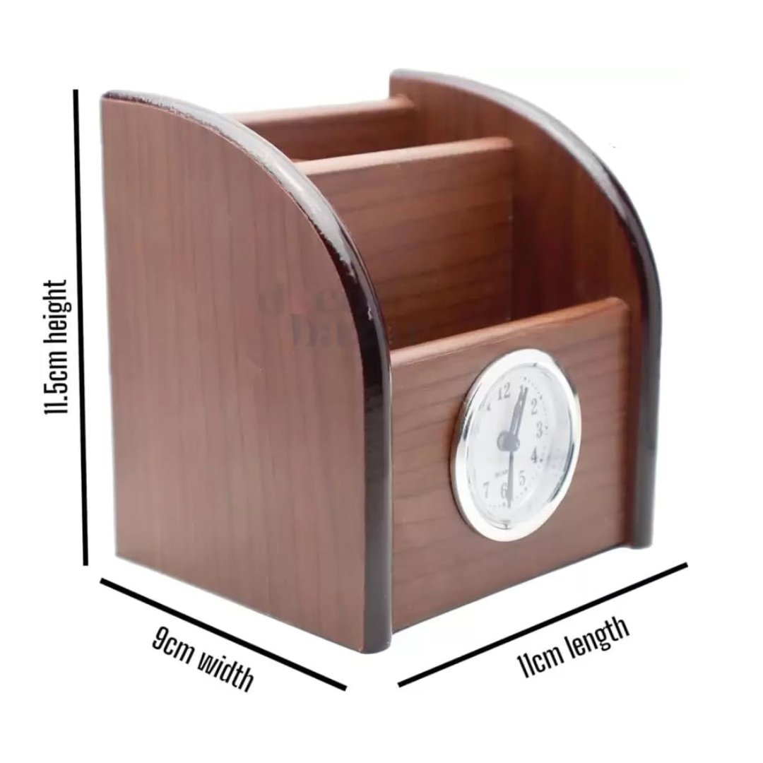 Wooden Pen Stand with Clock, Visiting Card & Mobile Holder – KidsBestie